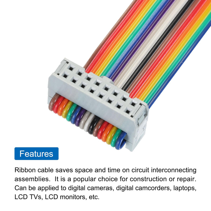 MECCANIXITY 2 Pcs 16 Pin Flat Rainbow Ribbon Cable FC/FC Female Connector 1FT 2.54mm Pitch Breadboard Jumper Wires for Electronic Projects