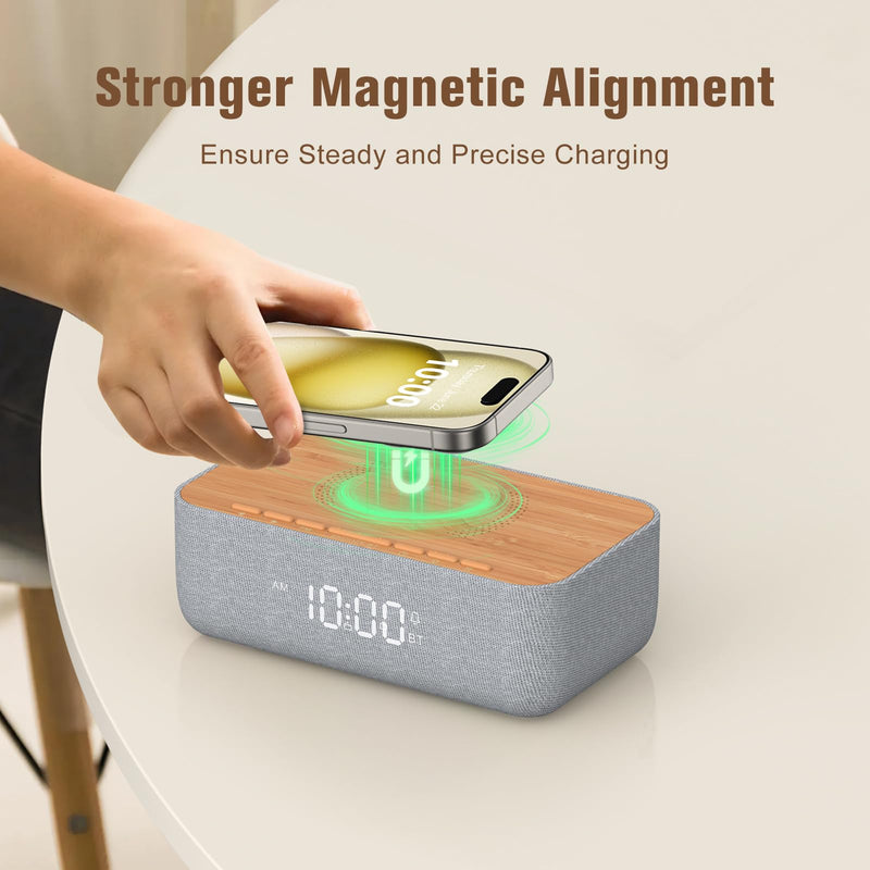 REACHER Alarm Clock Radio, Magnetic Wireless Charger for iPhone Fast Charging, Alarm Clock with Wireless Charging, Bluetooth Speaker, FM Radio, Bedroom, Bedside, Desk