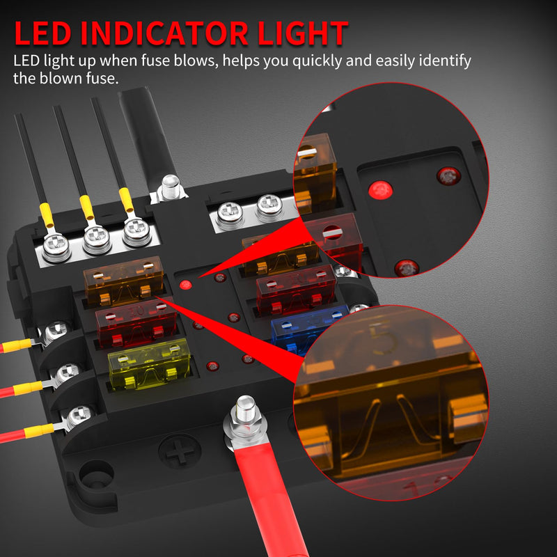 DaierTek 12V Fuse Block 6 Way with LED Indicator Light 12 Volt Fuse Box ATO/ATC Marine Fuse Panel Waterproof 24V for Automotive Boat Car Truck 6 Way Fuse Block