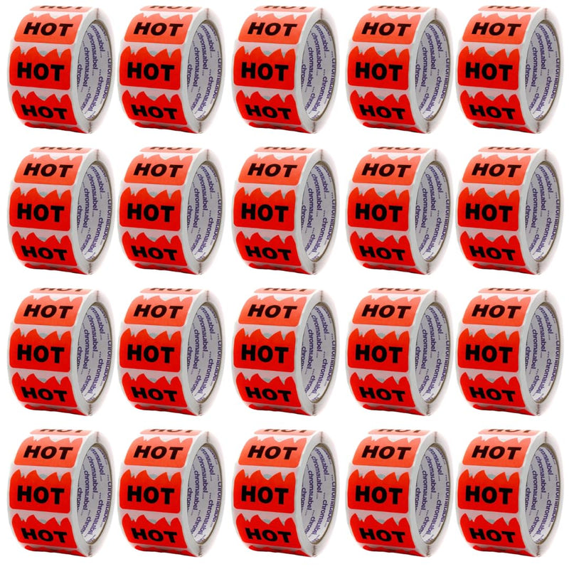 ChromaLabel 2 x 1.25 Inch Fluorescent Red Orange Flame Shaped Sticker, 500 Labels per Roll, Imprinted: Hot - Case of 20