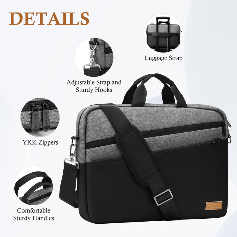 15 15.6 16 inch Laptop Computer PC Shoulder Bag Carrying Case, Water-Repellent Fabric Briefcase, Lightweight Toploader, Business Casual or School 15-16 inch Grey