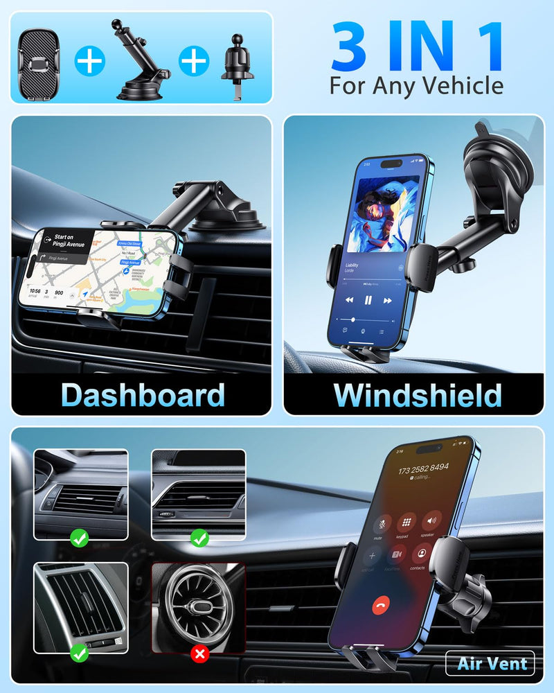 Car Phone Holder[Military-Grade 360°Suction Cup]Phone Holders for Your Car Universal Accessories Air Vent Dashboard Windshield Phone Mount Automotive Cradles Fit for iPhone Android Smartphone Car Phone Mount