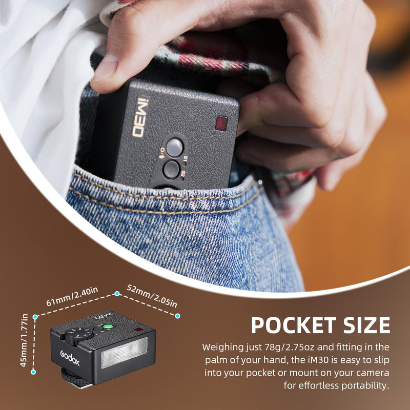 Godox IM30 Mini Flash (New Upgrade) for Canon/Nikon/Fuji/Sony, 230 Full-Power Hotshoe Single-Contact Flashes GN15 Mini Flash with 7 Power Levels Pocket Size Speedlite for Photography/Travel/Portrait