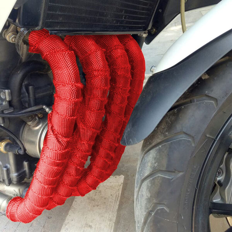 Auto Exhaust Wrap for Motorcycle, 16FT Titanium Fiberglass Hose Heat Shield Roll Sleeve with 4PCS Stainless Ties, Universal for Car Wire Loom Brake Line Cable Protection (Red) Red