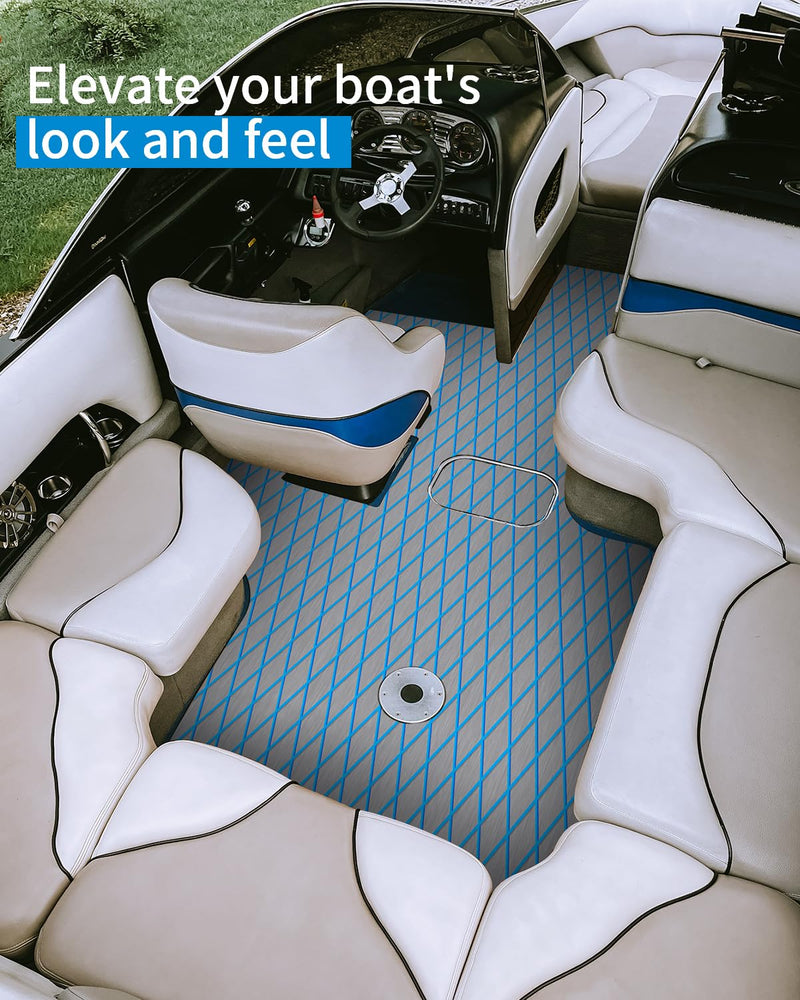 OCEANBROAD Diamond Boat Flooring with Self-Adhesive 96''x16''/38''/47'' | Double-layer, Non-Slip, 6 mm Eva Foam Marine Decking, Easy to Install, For Motor Pontoon Boats, RV Floor, Kayak, Surfboard Gray with Blue Lines 96''L x 16''W-10.67sqft