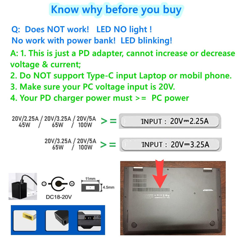 USB C Female Input to Slim Tip Rectangle Power PD Charge Converter for Thinkpad Series E440 E450 E550 E560 T430 T440 T440S X250 L460,for Lenovo Yoga Series (2) 2