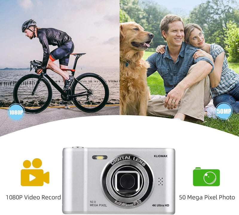 4K Digital Camera, FHD 1080P Kids Camera, 50MP Point and Shoot Camera with 16X Zoom Anti Shake, Compact Portable Small Camera for Girls Boys Teen Student with 32GB Micro SD Card, 1x Batteries Silver