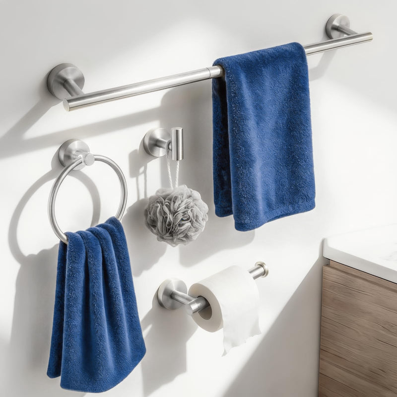 HOMOTEK 4 Pieces Bathroom Accessories Hardware Set, 24 inch Towel Bar, Towel Ring, Robe Hook, Toilet Paper Holder, Stainless Steel Rack Kit Wall Mounted, Brushed Stainless Steel 1 Pack