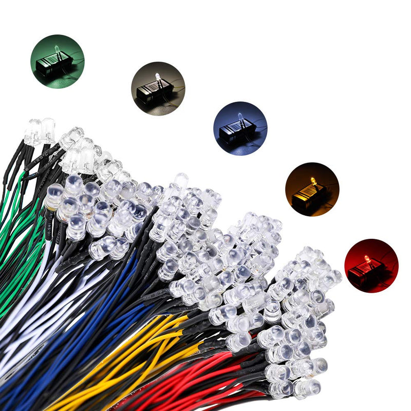 YIXISI 100 pieces pre-wired LED, diode light, 12V light, 5mm LEDs, 20cm (red, yellow, green, blue, white, 20 pieces each) multicolored - 100