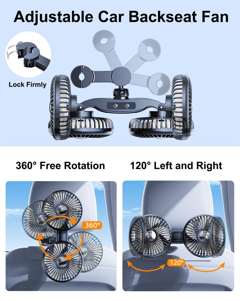 Car Fan for Back Seat, [Comes with Car Charger*1] 360°Rotatable USB Car Seat Fan for Baby Rear Facing, 3 Speeds Separate Control Car Fan for Backseat Kids, Car Cooling Fan for Vehicles SUV RV