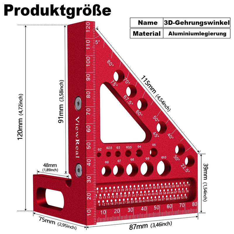 3D Mitre Square Multifunctional 22.5-90 Angle Measure Aluminium Alloy High Precision Layout Measuring Tool Scribing Tool Woodworking Measuring Tools for Carpenters, Engineers Red