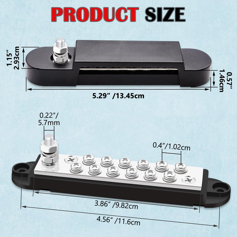 150A 12V Bus Bar Marine 1/4" Power Distribution Block, Battery Busbar, Automotive Busbar Terminal Block for Car and Boat, 1 x 1/4" (M6) Post, 12 x #8 (M4) Screws Terminals (Black) Black