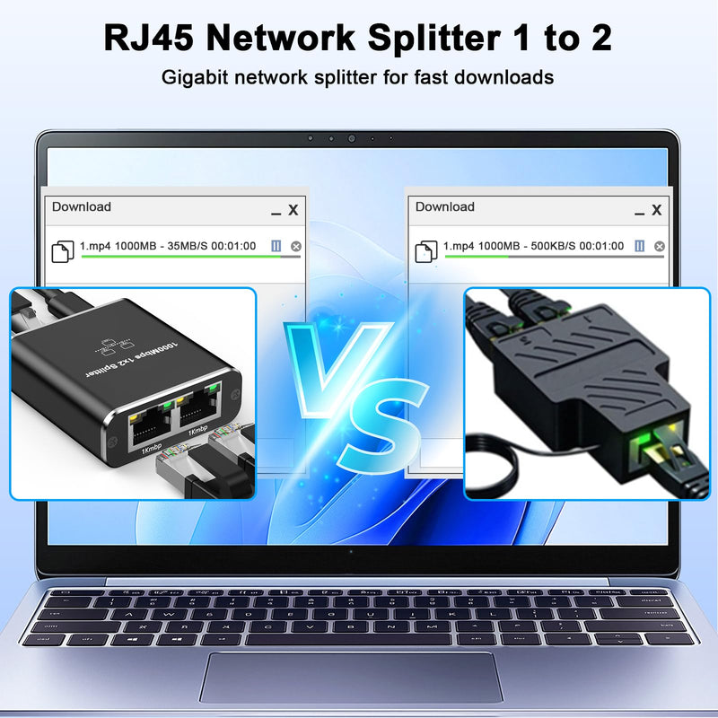 Gigabit Ethernet Splitter 1 to 2, 1000Mbps High Speed Network Splitter with USB Power Cable, RJ45 Internet Extension Adapter for Cat 8/7/6/5e/5 Cable [2 Devices Networked Simultaneously]
