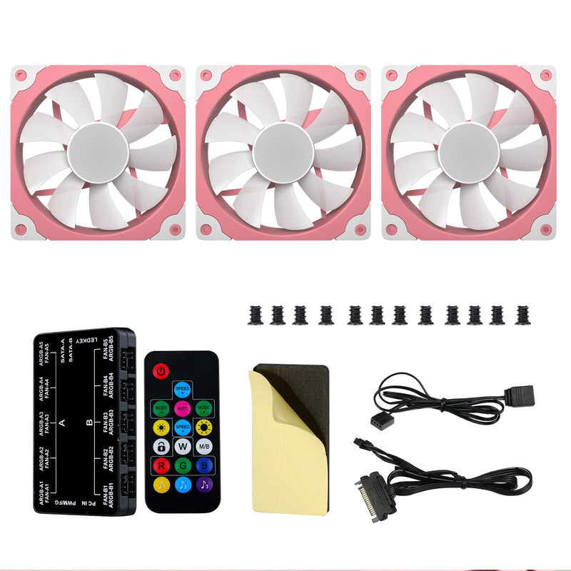 Vetroo 3-Pack Computer Case Fan 120mm Address RGB & PWM Cooling Fans High Performance with Controller Hub - Pink 120mm-HDB