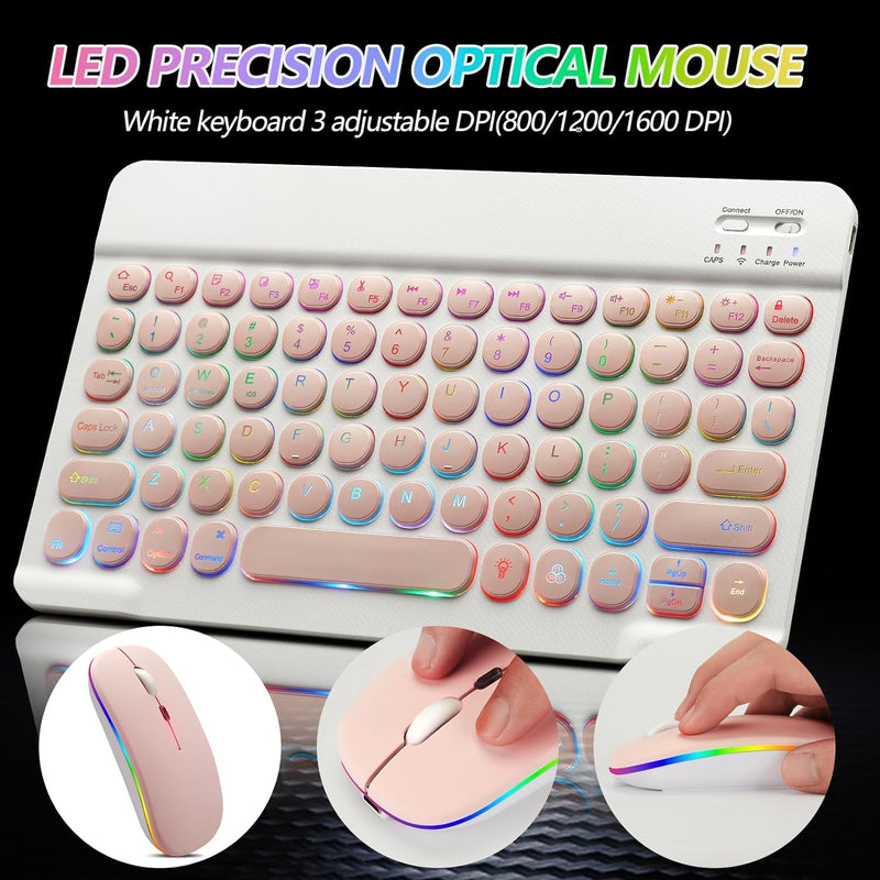 2 Pack Ultra-Slim Bluetooth Keyboard and Mouse Portable Rechargeable 7-Color Backlit for Apple iPad iPhone Samsung Tablet iPhone Smartphone iOS Android Windows Round keys(Black+Pink) black+pink