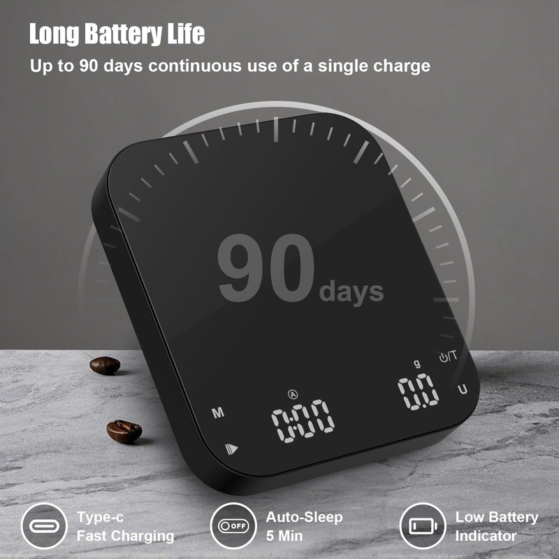 Rechargeable Coffee Scale with Timer, Diyife 3kg/0.1g High Precision Scale, 6 Units, HD LED Display, Long Battery Life, Portable Kitchen Scale for Espresso, French Press, Pour-Over Coffee Black