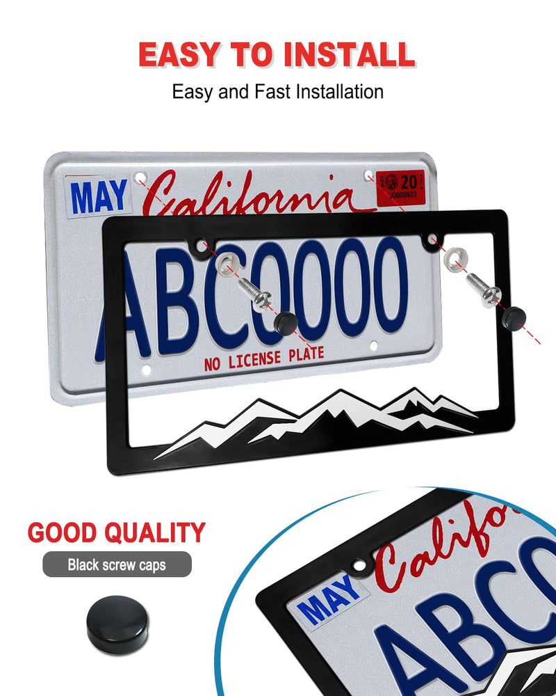 Mountain License Plate Frames- Plastic Black Car Tag Holder Bracket with Screws Caps, 2 Packs 2 Hole, White on Black, Mountain Vinyl Sticker Included