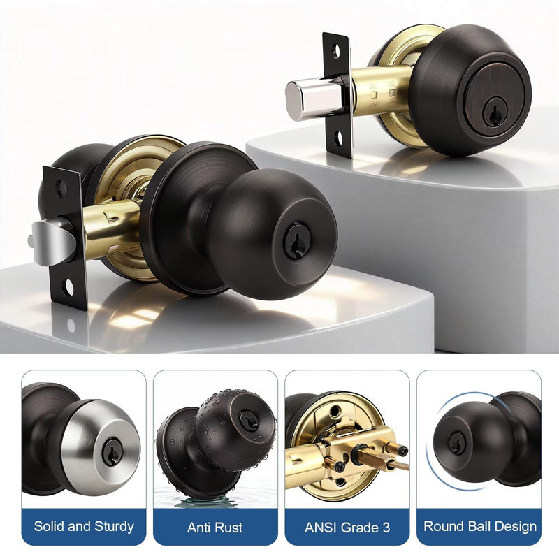 Knobonly Entry Door Knobs and Double Cylinder Deadbolt, Keyed Alike Door Handle Set with Same Keys, Combo Pack for Front Doors-Keyed on Both Side, Oil Rubbed Bronze Finish, Contractor Pack of 3 Set