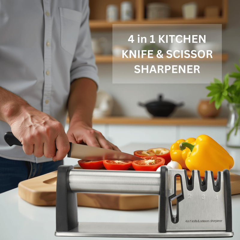 Knife Sharpener, 4 in 1 Knife and Scissors Sharpener, Stainless Steel Sharpening Tool for Kitchen Knives with Non Slip Rubber Base, Ergonomic Handle, Compact Design, Durable Build, Black