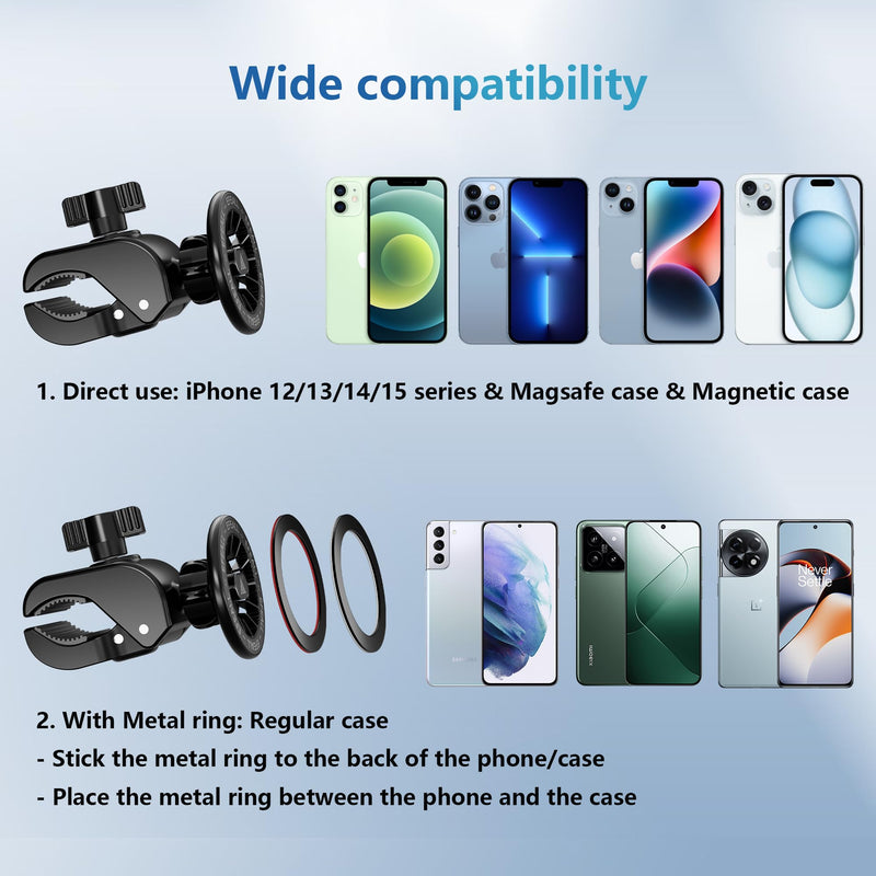 Magnetic Phone Holder, Strong Magnet Bike Phone Mount with Two Metal Rings, for Indoor Gym Equipment(Compatible with Peloton Bike)/Stroller/Treadmill, for MagSafe iPhone Samsung and All Phone Black