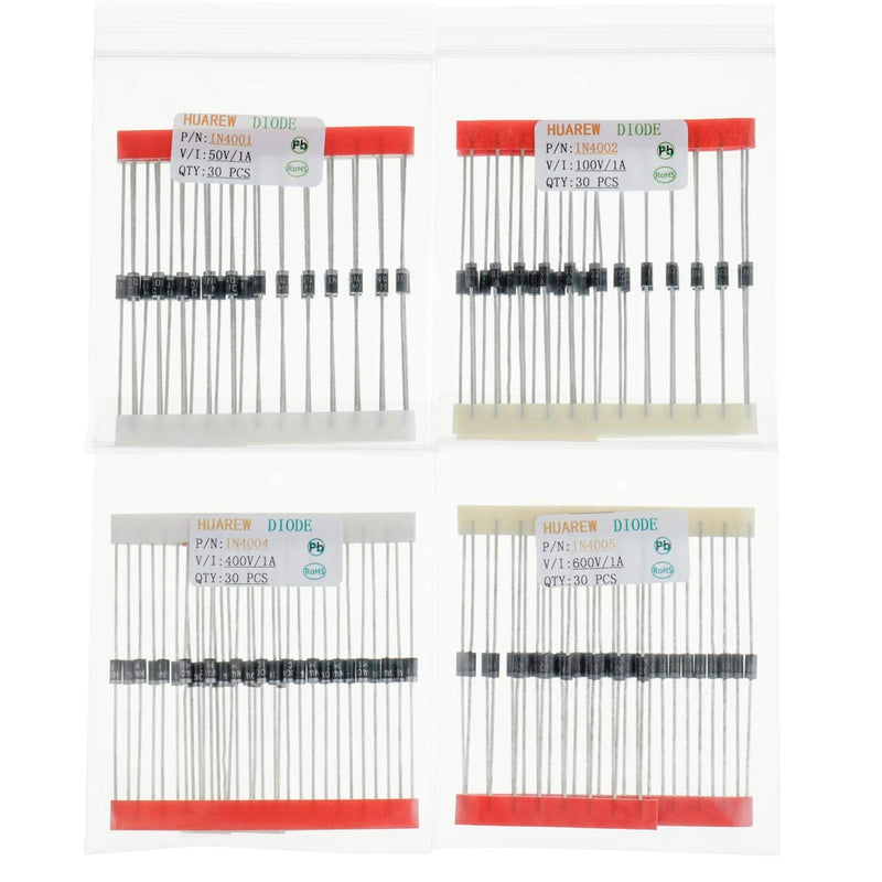 HUAREW 12 values 300 pieces rectifier diode 1N4001 1N4002 1N4004 1N4005 1N4007 1N5404 1N5406 1N5408 Schottky diode 1N5817 1N5818 1N5819 switching diode 1N4148 classification kit