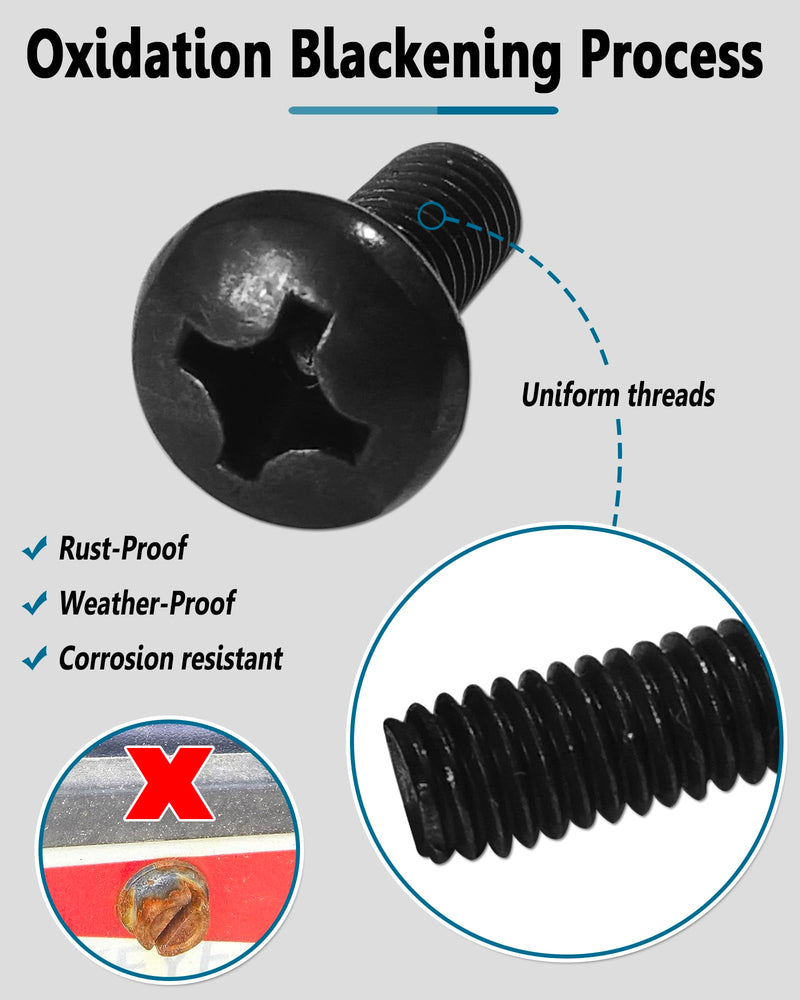 Black License Plate Screws- Rustproof Stainless Steel Car Tag Bolts, M6X16mm (1/4" X5/8") Fasteners Hardware- Phillips Machine Bolts Nuts Caps for Mounting Front or Rear Frame