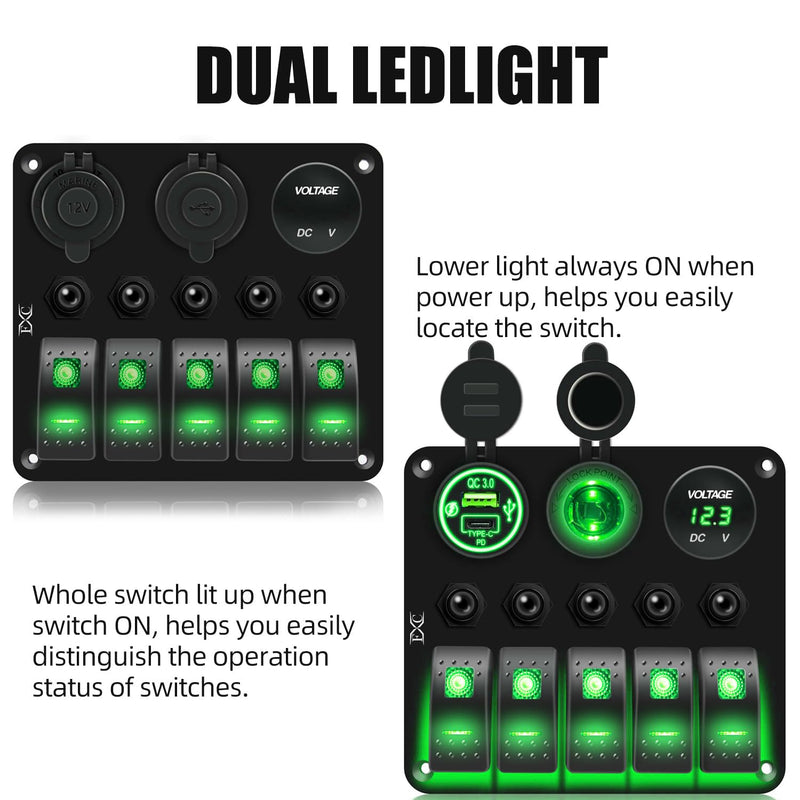 FXC Waterproof Marine Boat Rocker Switch Panel 5 Gang with QC3.0 USB & Type-C Slot Socket + Cigarette Lighter +LED Voltmeter with Overload Protection for Car Rv Vehicles Truck (5 Gang Green LED)