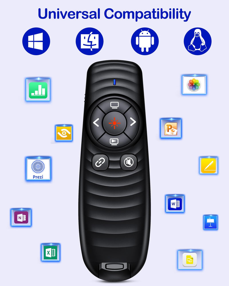 Wireless Presentation Clicker, Powerpoint Clicker Remote with Laser Pointer,Rechargeable Presentation Remote with Hyperlink & Volume Control for PowerPoint, Mac, Computer, Laptop Red Light-Rechargeable