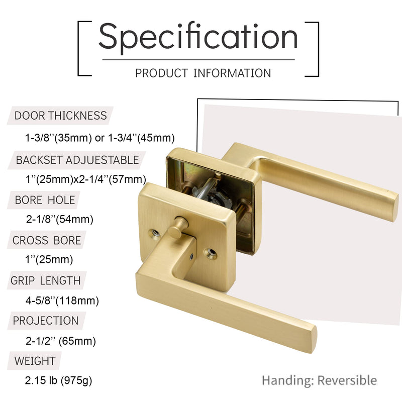 Linkaa Gold Satin Brass Door Handle Levers with Lock Privacy, Keyless Square Door Lever Lock Interior for Bedroom Bathroom (1 Pack, Privacy,Push Button Lock) Privacy(push button lock) 1