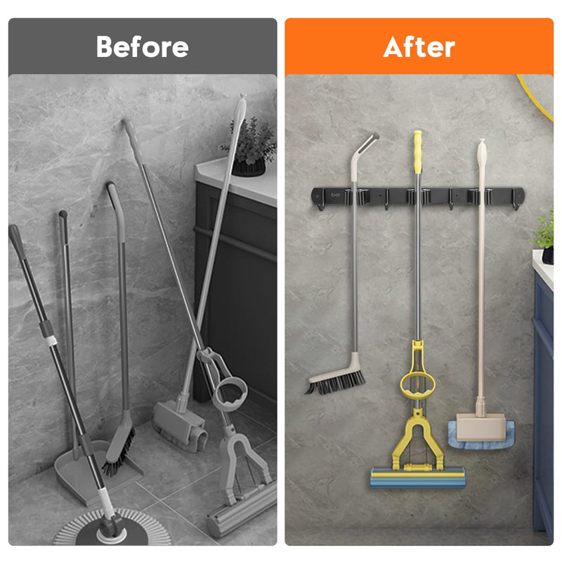 Broom holder wall, IBELL device holder wall mount stainless steel with 3 holders and 4 hooks, garden tool holder, broom holder, mop holder, self-adhesive tool holder, wall hook without drilling for garden, garage, 1 piece, 3 holders, 4 hooks (43 cm)