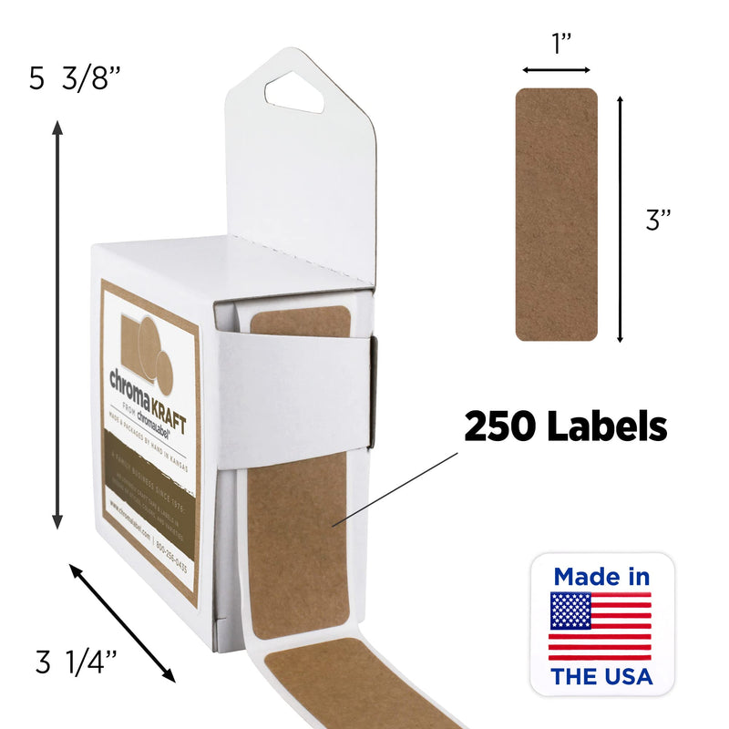 ChromaLabel 1 x 3 Inch Permanent Kraft Rectangle Labels, 250 Labels per Dispenser Box 1" x 3"