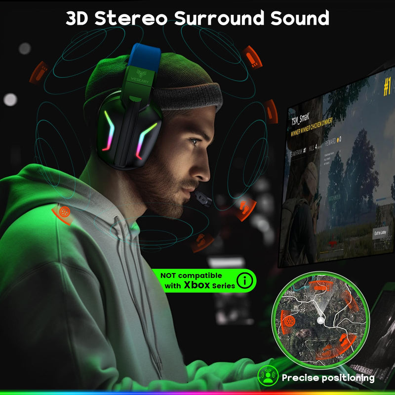 Wireless Gaming Headsets for PC, PS5, PS4, Switch, Mac, 2.4GHz Wireless Gaming Headphone for Game Boy Accessories, ENC Noise Canceling Microphone, Bluetooth 5.4, Cool Lighting, 50H Battery Radiant Blue Pro-Wireless