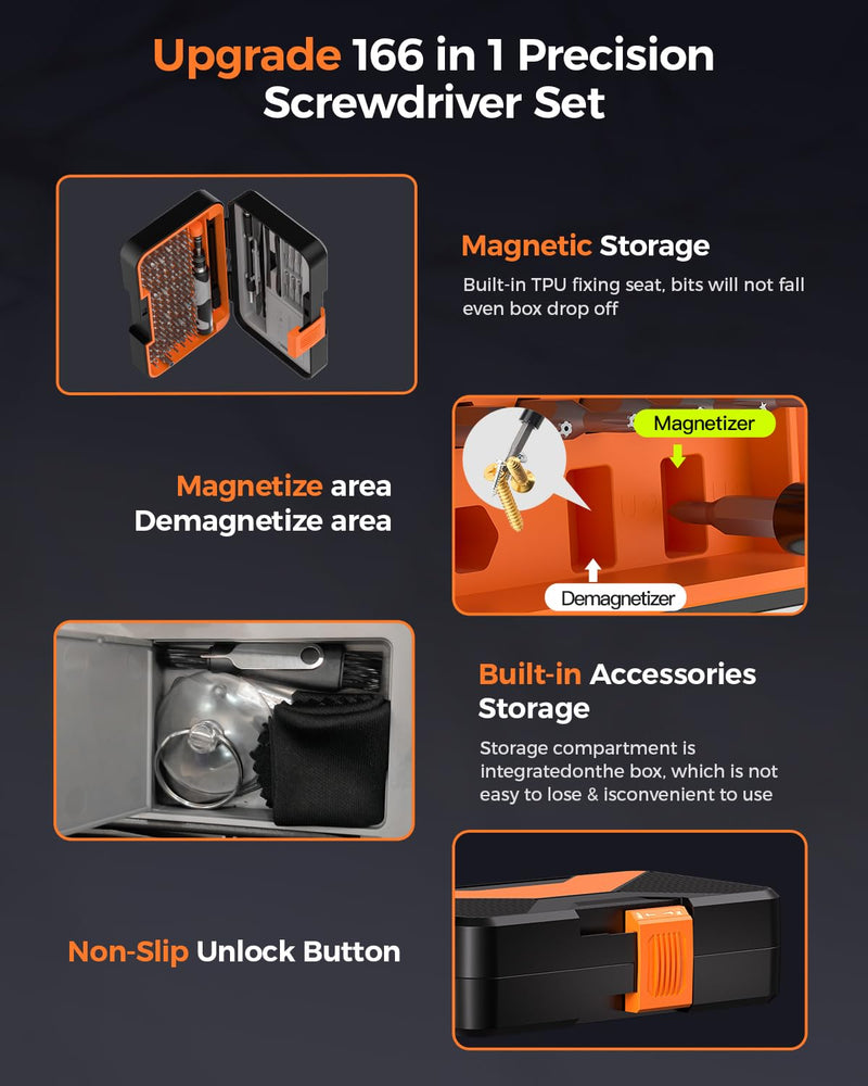 166 in 1 Precision Screwdriver Set: Magnetic Electronics Repair Kit with Extension Rod & Pry Tools, Professional Computer Tool Kit for iPhone, Laptop, PC, MacBook, PS5, Xbox, Watch, Camera, Glasses 166 in 1