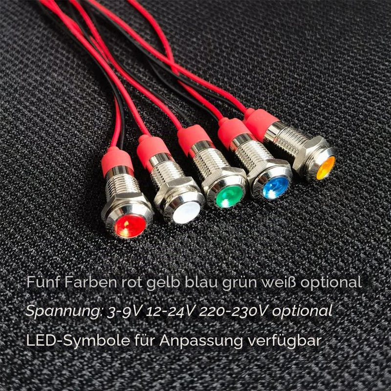 GUUZI 8mm LED Indicator Light 12-24V Waterproof Signal Light Metal Plate LED Indicator Signal Light Plate Mount Flat Head with Wires Silver Housing (Red, 6 Pieces) Red