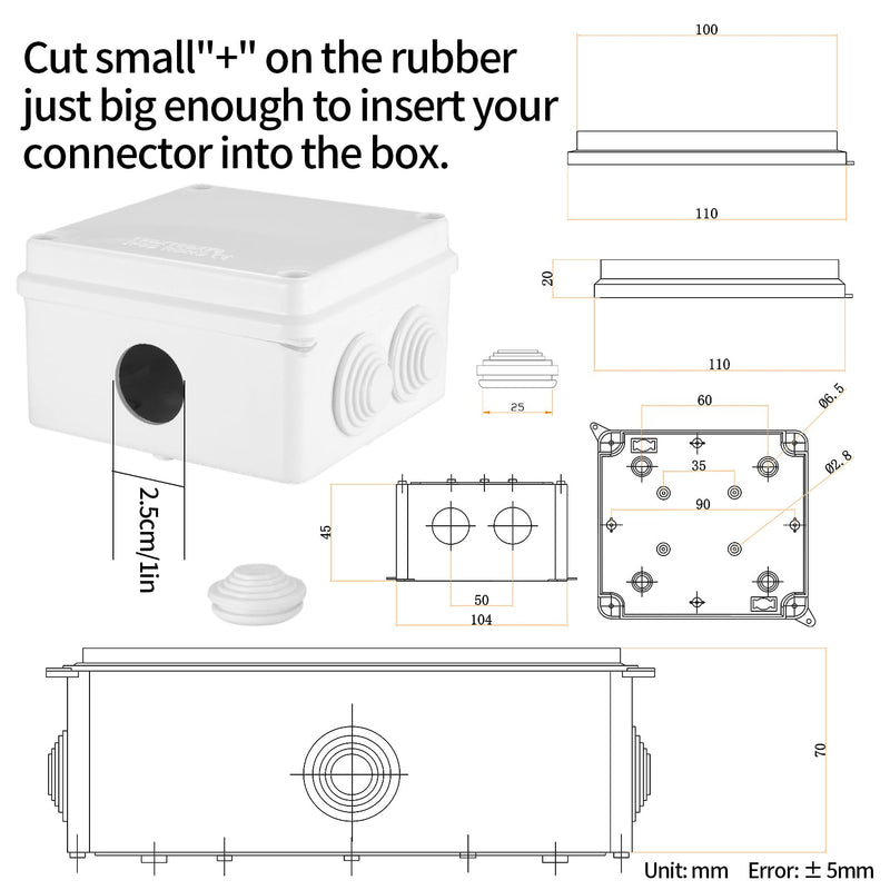 Pack of 2 junction boxes, waterproof IP65, electrical junction box, surface-mounted plastic junction box, plug screw connection, electrical box, cable junction box, junction box, white