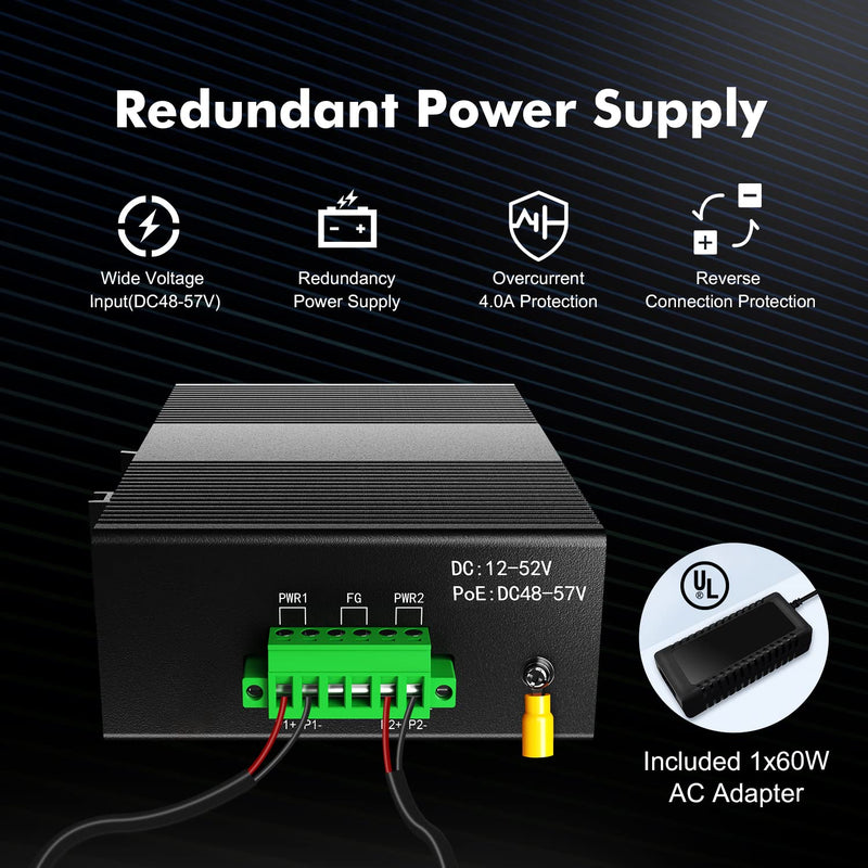 MokerLink 5 Port PoE Industrial DIN-Rail Network Switch, 60W IEEE802.3af/at PoE Power, 10/100Mbps Fast Ethernet, IP40 Rated Network Switch (-40 to 185°F), with UL Power Supply 5*100M POE