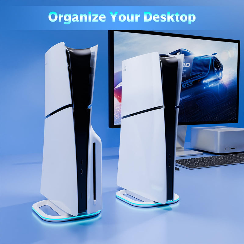 Vertical Stand for PS5/PS5 Slim Consoles, Playstation 5 Vertical Stand with 7 RGB Lights for PS5 Digital/PS5 Disc, PS5 Slim Digital/PS5 Slim Disc Console with Screw,White White