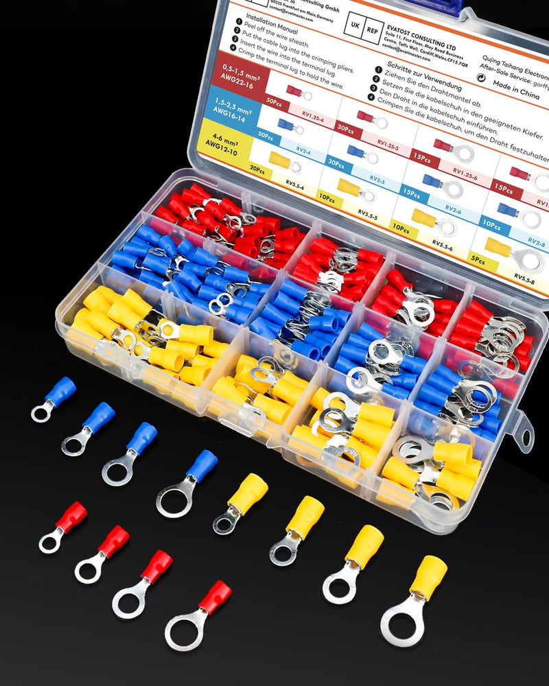 Gorffy ring cable lugs, 260 pieces cable lugs set, 0.5-6mm² ring eyelets cable lugs, Ø M4/M5/M6/M8 ring cable lugs set, cable lugs crimp connector assortment R260