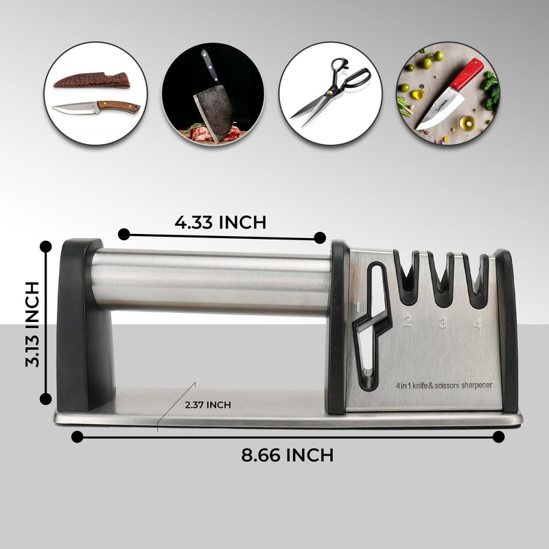 Knife Sharpener, 4 in 1 Knife and Scissors Sharpener, Stainless Steel Sharpening Tool for Kitchen Knives with Non Slip Rubber Base, Ergonomic Handle, Compact Design, Durable Build, Black