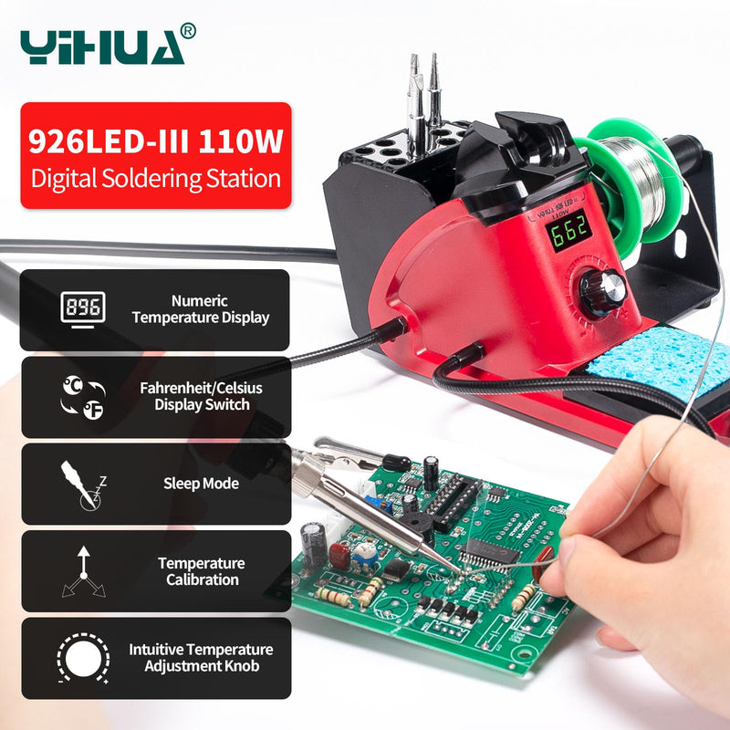 YIHUA 926 III 110W Soldering Iron Station Kit with LED Display, 2 Helping Hands, 3 Extra Iron Tips, 35g Lead-Free Solder, Solder Sucker, S/S Tweezers, °C/°F Conversion, Calibration & Sleep Features