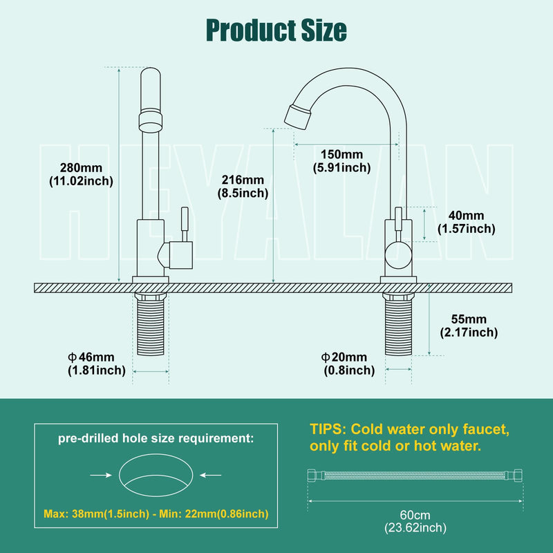 Heyalan Cold Water Only Kitchen Faucet SUS304 Sink Faucets High Arc Gooseneck 360 Degree Rotation Spout Basin Tap with Longer Thread Pipee,Brushed Nickel Brushed Nickel 1