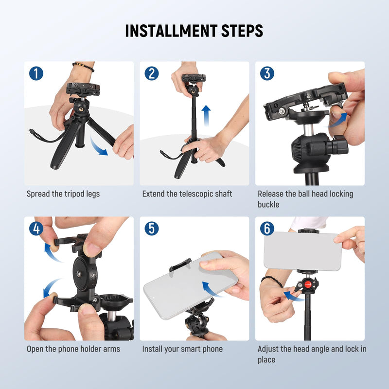 NEEWER TP38 Phone Camera Tripod, 15" Extendable Selfie Stick Metal Tripod Stand with Phone Holder, Action Camera Adapter Compatible with Hero 12 11 10 9, 360° Ball Head Travel Tripod for Vlogging