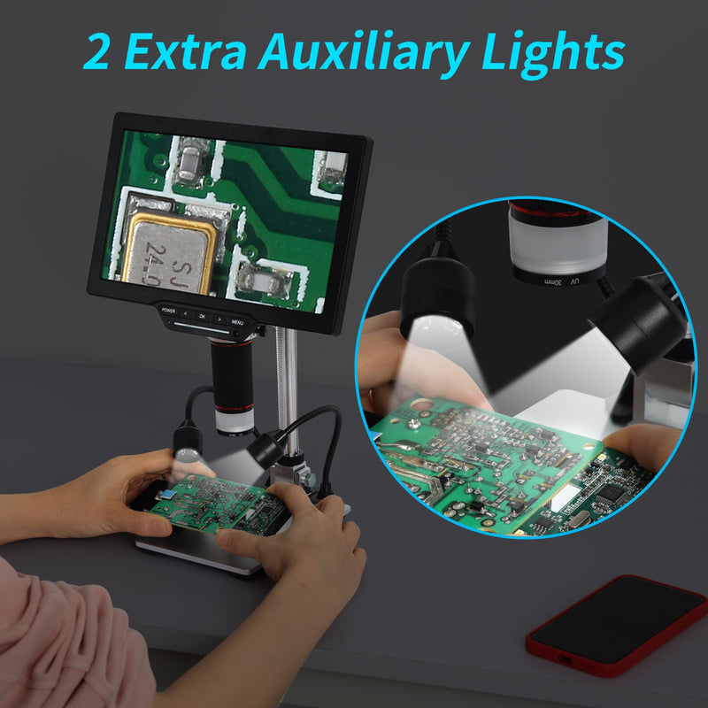 Koolertron LCD Digital Microscope Stand, 12inch Aluminum Extension Arm with 2 Fill Lights, Adjustable Manual Focus Holder for Soldering, PCB Inspection, Coin & Jewelry Observation 12 inch