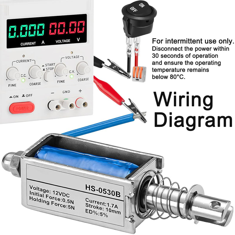 Pack of 2 12 V DC Electromagnet (Push Pull) for HS-0530B, 1.7A, 10 mm stroke, 5N, 0.5N, 5%, 20.4W, Open Design, Linear Drive with CH2 Connection for Mechanical Household Appliances