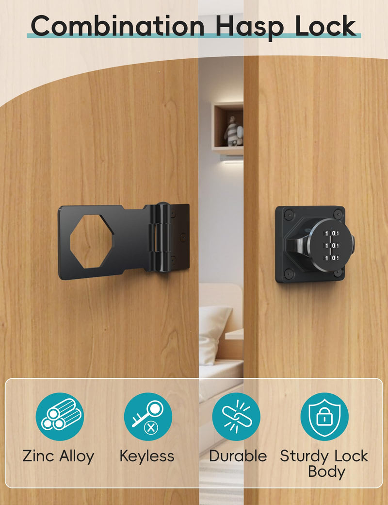 Cabinet Password Hasp Lock, Keyless Combination Lock for Small Doors, Bathroom, Outdoor, Garage, Black, 2 Pack