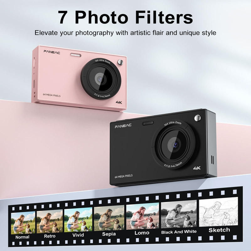 S1 Digital Camera for Kids & Beginners, Autofocus Point and Shoot Camera with IPS Screen, 16x Zoom, Macro, Lens Filters, Self Timer, 32GB Card Included - Black (Digital 4K UHD 1080P FHD)