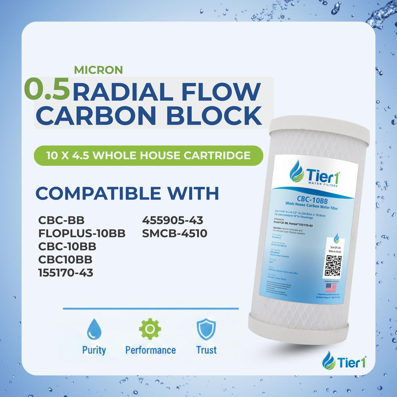 Tier1 0.5 Micron 10 x 4.5 Water Filter | Whole House Carbon Block Filter Replacement Cartridge | Replacement for Pentek CBC-BB, FLOPLUS-10BB, CBC-10BB, 155170-43 | 4.5 x 10 Water Filter 1 Count (Pack of 1)