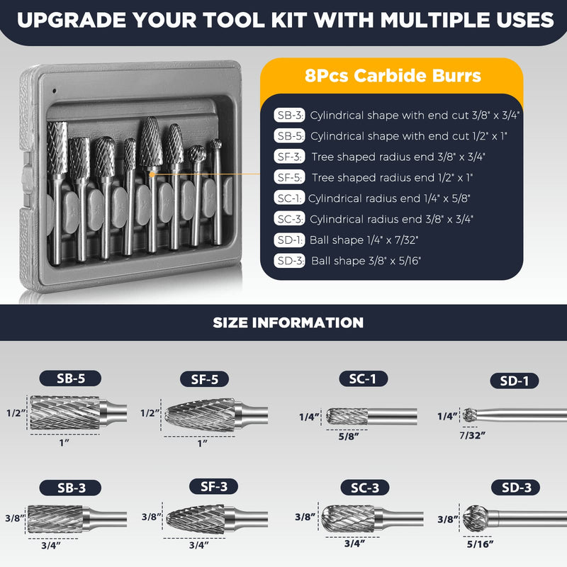 Carbide Burr Set, 8Pcs Double Cut Tungsten Carbide Rotary Burr set, 1/4 inch Shank Die Grinder Bits, Carbide Rotary File for Metal Wood Carving, Engraving, Polishing,Drilling