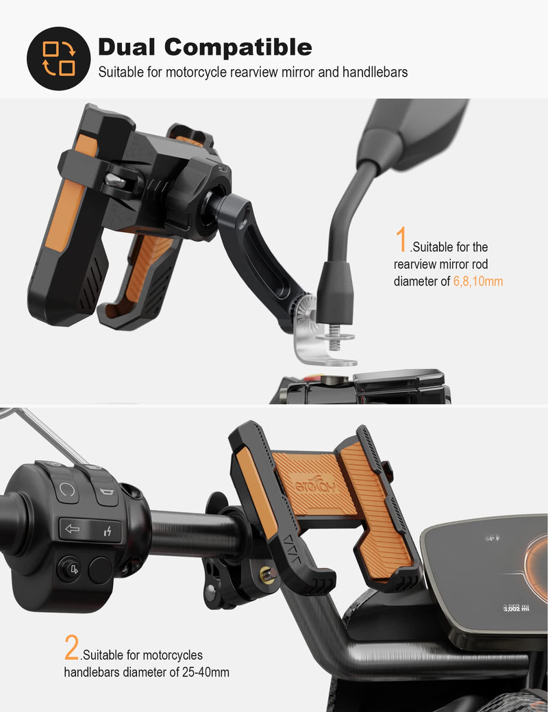 Motorcycle Phone Holder Handlebar Mount Motorbike Phone Holder Rearview Mirror【2 Connection Methods+1S Quick Disassembly】 with 360 Rotate for 4.0-7.0 inch Smartphone