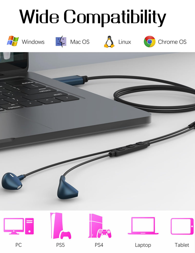 USB Earbuds with Microphone for PC Laptop, 2M/6.5ft USB Headset with Microphone for PC, USB Headphones for Computer Laptop PC PS4 PS5 Notebook Desktop Office Home with Volume Control& Mute Middle mic